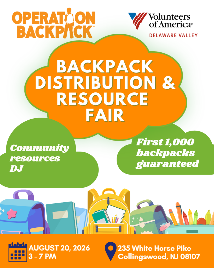 Flyer for the Operation Backpack Distribution and Resource Fair. 1000 backpacks will be given away at 235 White Horse Pike Collingswood NJ 08107 from 3 to 7 pm on August 20, 2026
